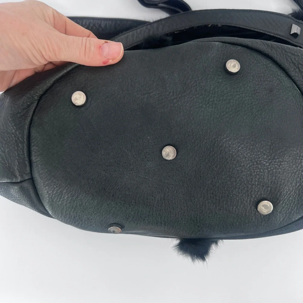 Abro‎ Black Leather & Faux Fur Studded Slouchy Shoulder Bag Dark Edgy Mob Wife